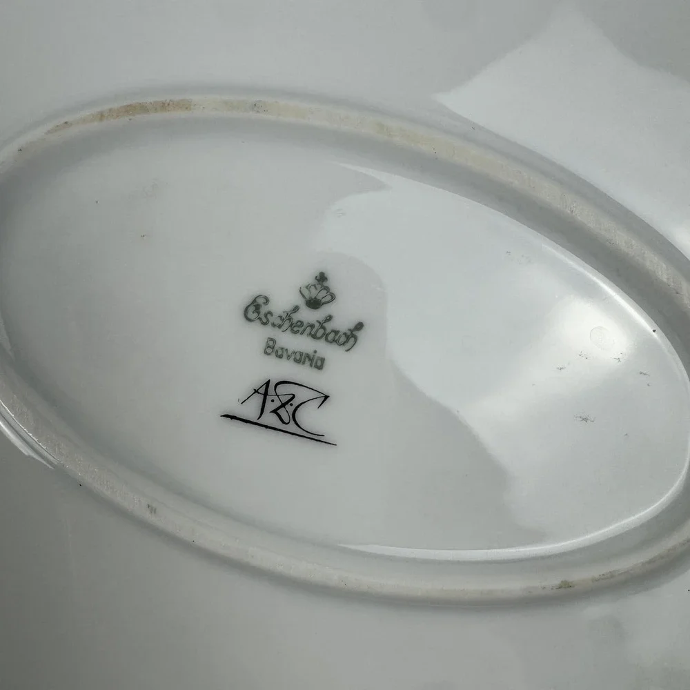 Vintage Eschenbach Bavaria Porcelain Oval Platter White MCM Botanical Gold Rim‎
